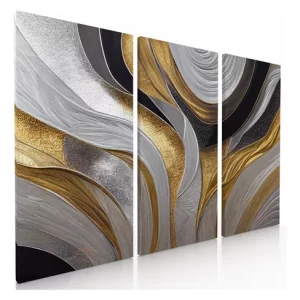 Set 3 Cuadros Decorativos Canvas Abstracto Textura Oro Plata Calidad Premium