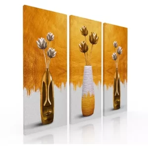 Set De 3 Cuadros Decorativos Modernos Para Sala Florero Oro