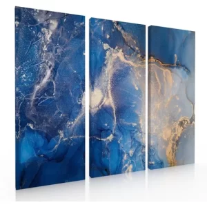 Set De 3 Cuadros Decorativos  Para Sala Abstracto Azul Oro