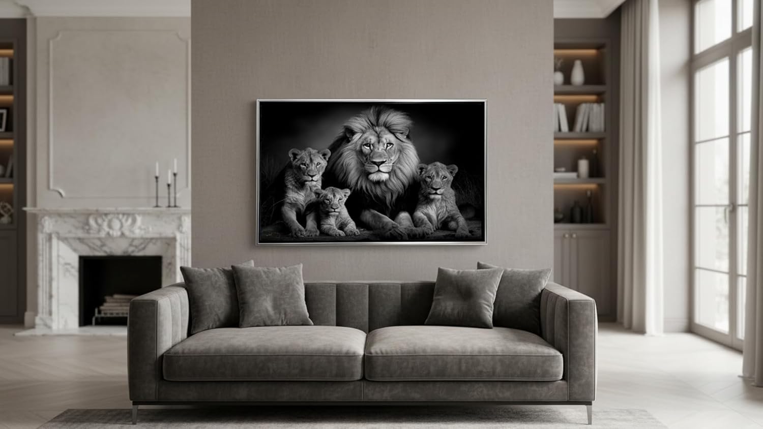 Ideas creativas In- Cuadro Decorativo Moderno Con Marco Flotante Para Sala Recamara Oficina Familia Rey Leon-Blanco y Negro 120 X 80 CM (Plata) - Imagen 9