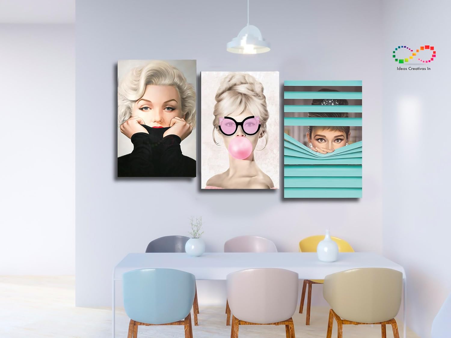 Ideas Creativas In | Set de 3 Cuadros sublimados en tela | Marilyn Monroe y Audrey Hepburn Brigitte Bardot| Estilo Moderno| Decoración en Tela Canvas| Cuadro para Sala Recamara Oficina Comedor | Listo para Colgar Tipo Galería - Imagen 6