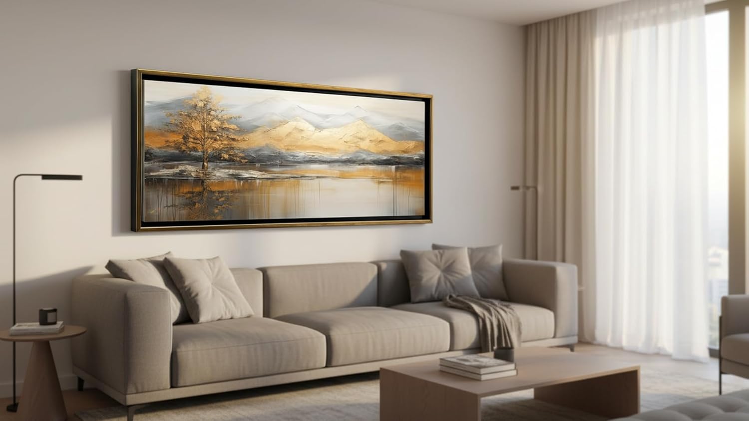 Ideas Creativas In Cuadro Decorativo Canvas Con Marco-Para Sala Recamara Oficina -Paisaje Bonito Con MontaƱas y Arboles en Tonos Dorados - Aplicacion de Polvo de Oro- Texturizado-140 X70 cm(Oro) - Imagen 5