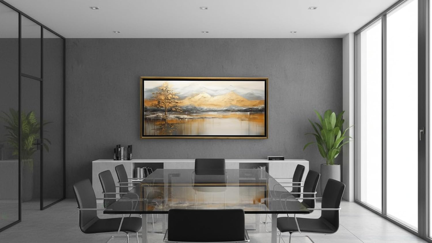 Ideas Creativas In Cuadro Decorativo Canvas Con Marco-Para Sala Recamara Oficina -Paisaje Bonito Con MontaƱas y Arboles en Tonos Dorados - Aplicacion de Polvo de Oro- Texturizado-140 X70 cm(Oro) - Imagen 9
