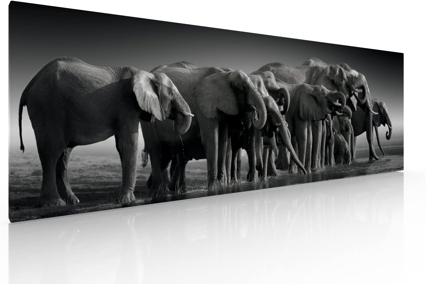 Ideas Creativas In-Cuadro Decorativo Panorámico Para Sala o Recamara Familia De Elefantes- Moderno- Blanco Y negro-Canvas-Tipo Galeria-150 x 50 cm