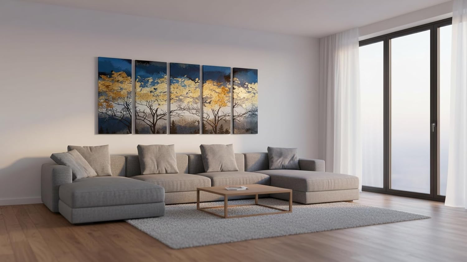 Ideas Creativas In-Set de 5 Cuadros Decorativos Abstracto Para Recamara Sala o Comedor Arbol Con Oro-Moderno-Tela Canvas-160 cm x 80 cm - Imagen 8