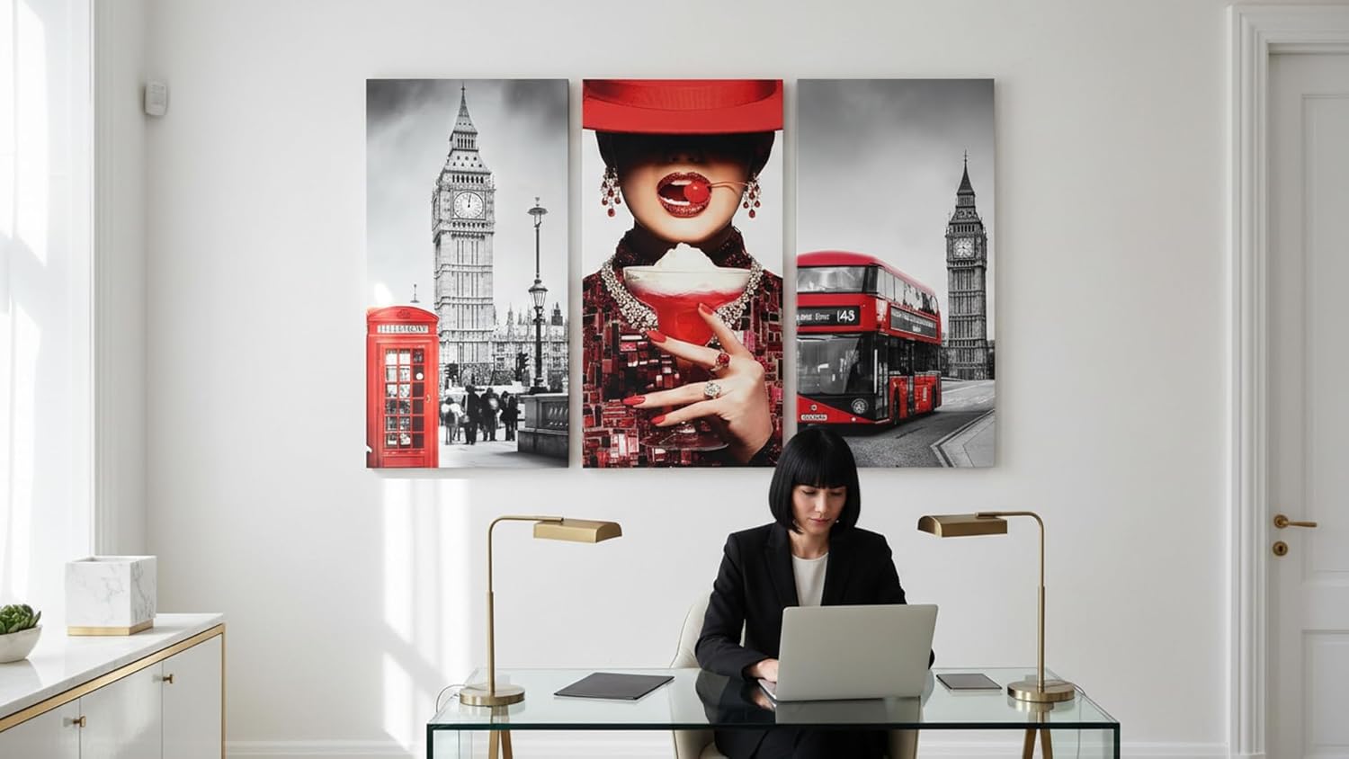 Ideas creativas in Set de 3 Cuadros Decorativos Modernos en Tela Mujer Sexy Londres-Lienzo Sublimacion-Decoracion Sala-Dormitorio-Oficina-130x80 cm - Imagen 4