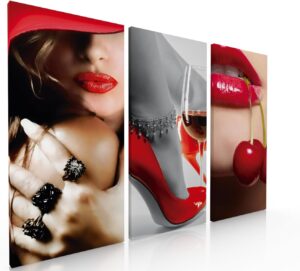 Ideas creativas In-Set de 3 Cuadros Decorativos Modernos en Tela Mujer Sexy Cerezas-Labios...