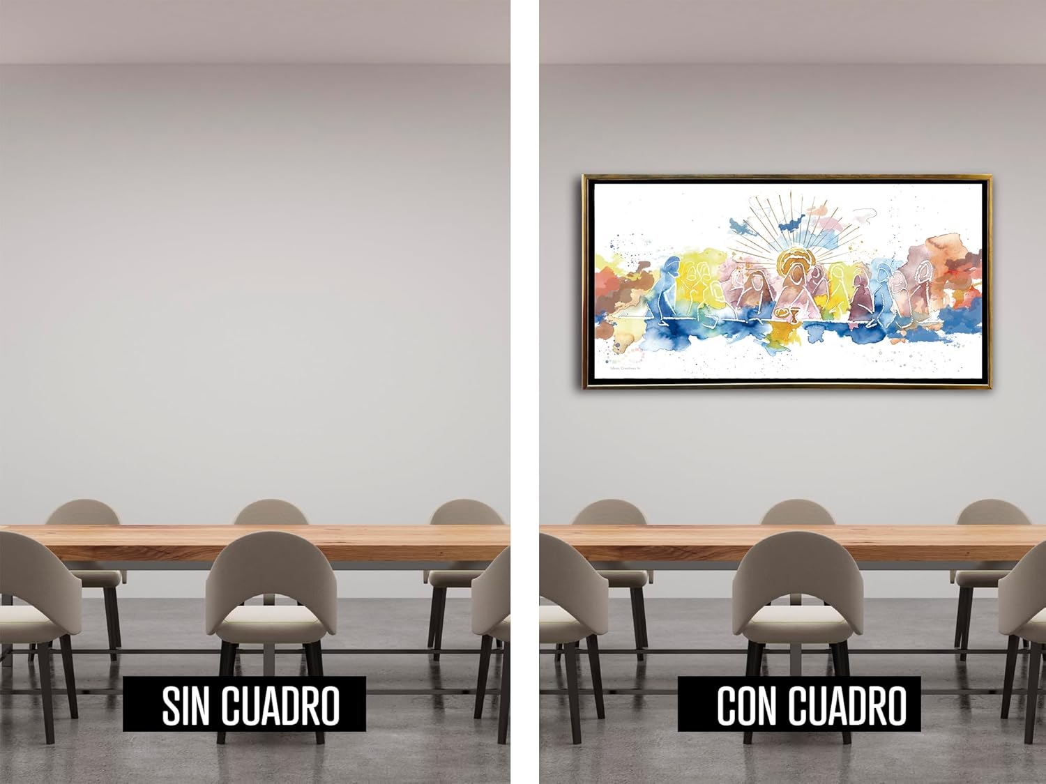 Ideas creativas in-Cuadro Decorativo Canvas Marco Flotante Para Comedor Cocina Ultima Cena Abstracta Acuarela Calidad Premium-Moderno-140 x 70 cm -Oro - Imagen 7