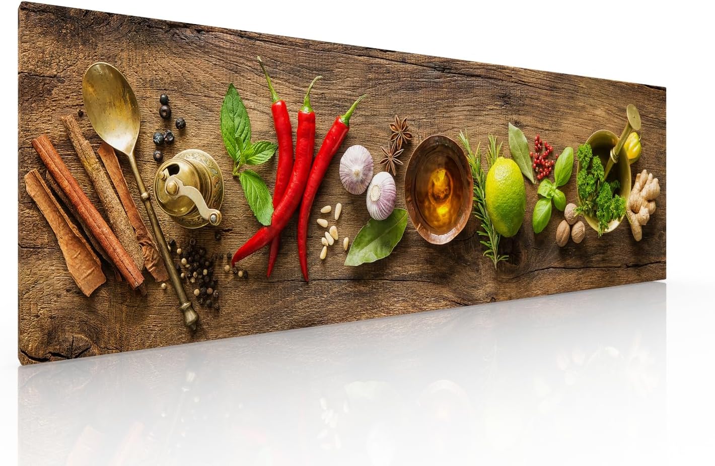 Ideas Creativas in-Cuadro Decorativo Moderno en Canvas Para Comedor o Cocina Especias Madera madera Panoramico-Decoracion Cocina Restaurante-Verduras-Utensilios-Semillas-Canvas- Listo para colgar 150 x 50 cm