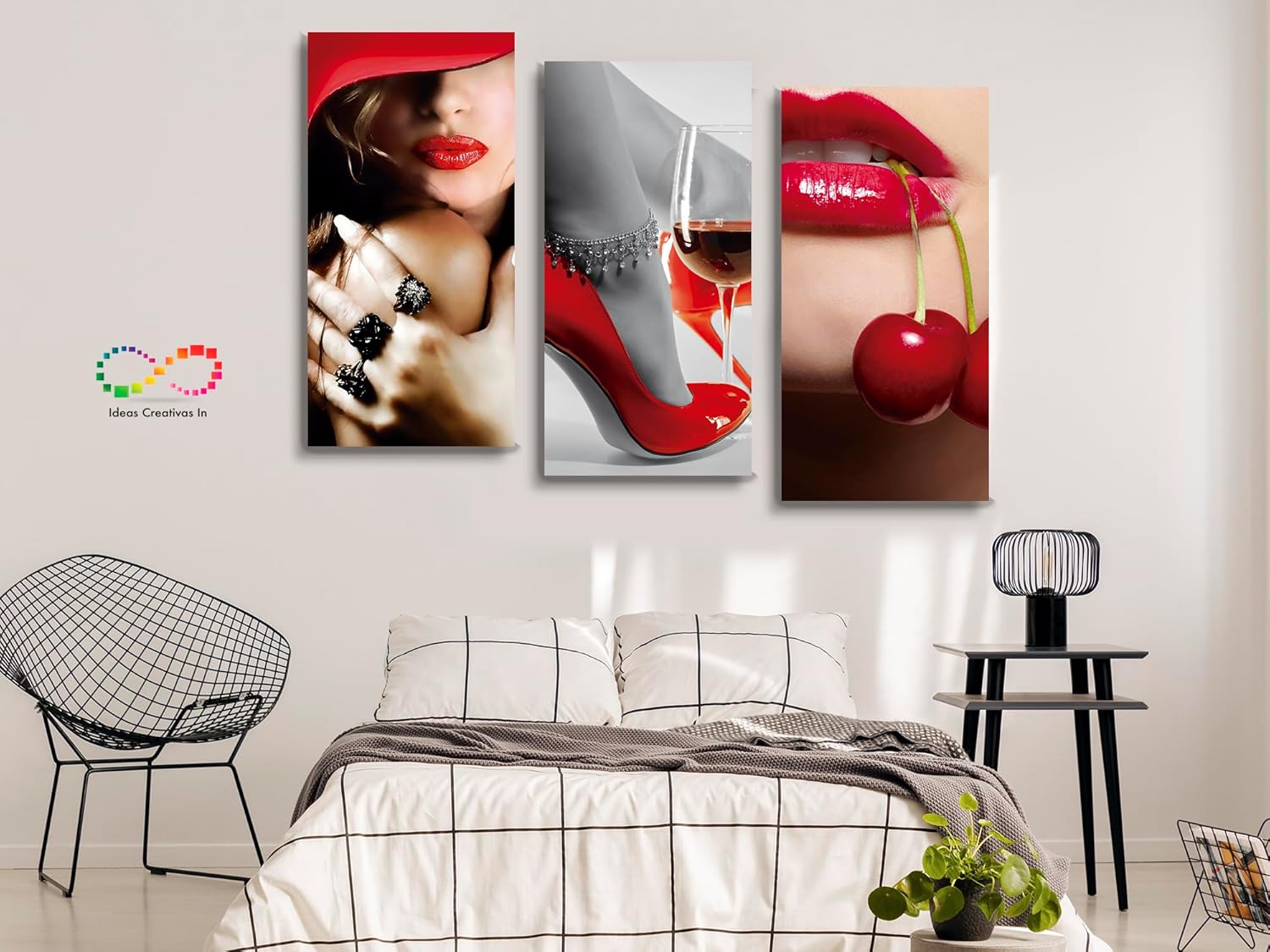 Ideas creativas In-Set de 3 Cuadros Decorativos Modernos en Tela Mujer Sexy Cerezas-Labios Rojos-Para Recamara Sala-120 cm x 80 cm - Imagen 7
