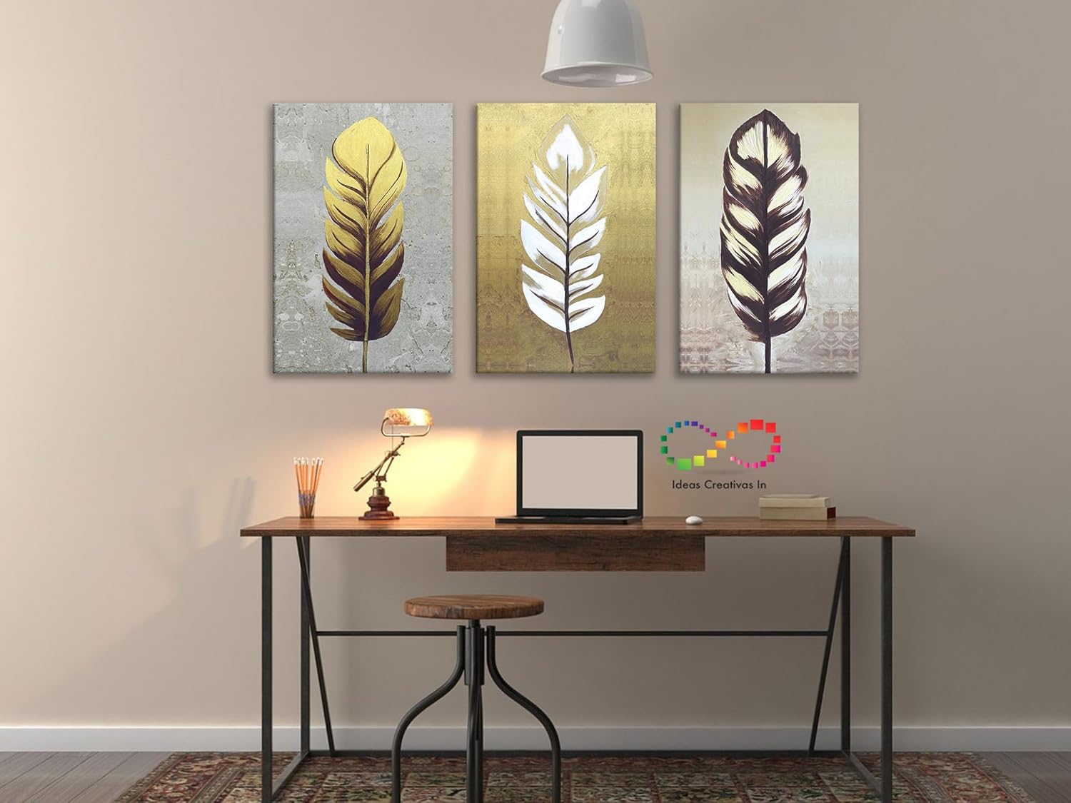 Ideas creativas In-Set de 3 Cuadros Decorativos Para Recamara Sala o Comedor Plumas Oro 40 x 60 cm - Imagen 4
