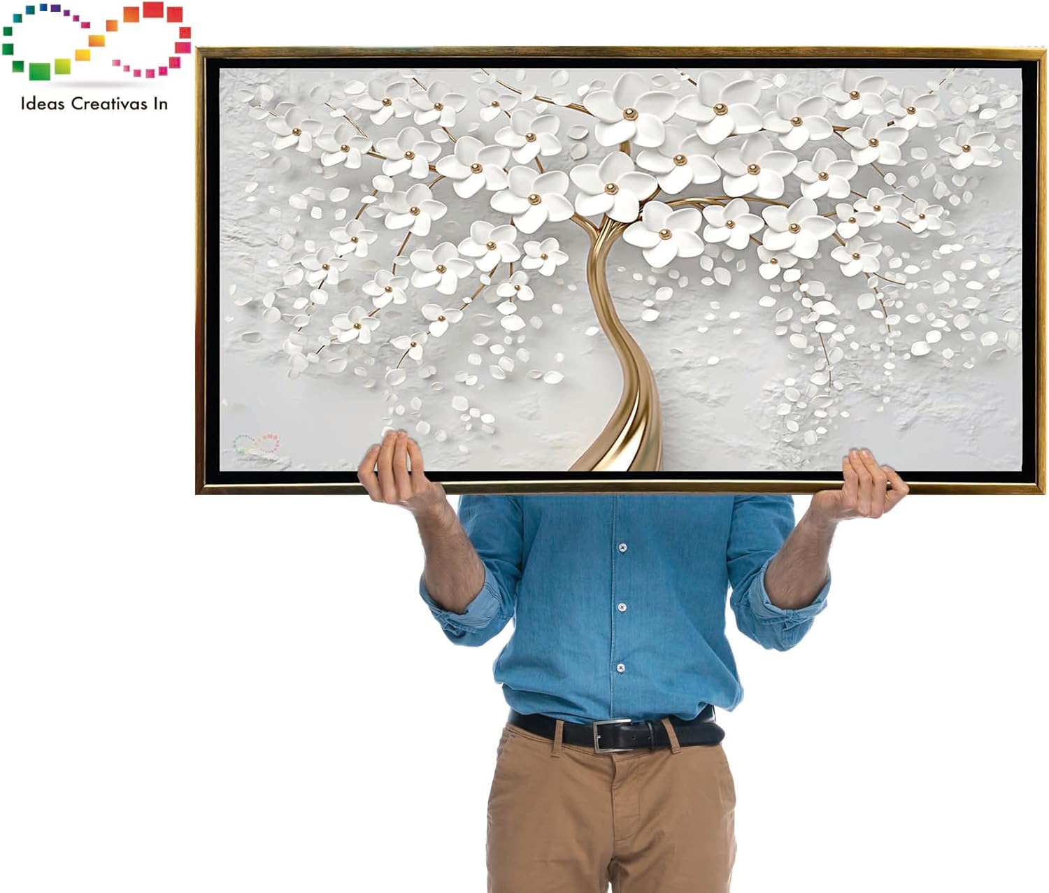 Cuadro Decorativo Moderno Con Marco Oro Para Sala Recamara Oficina o Comedor Flores Blancas - Imagen 6