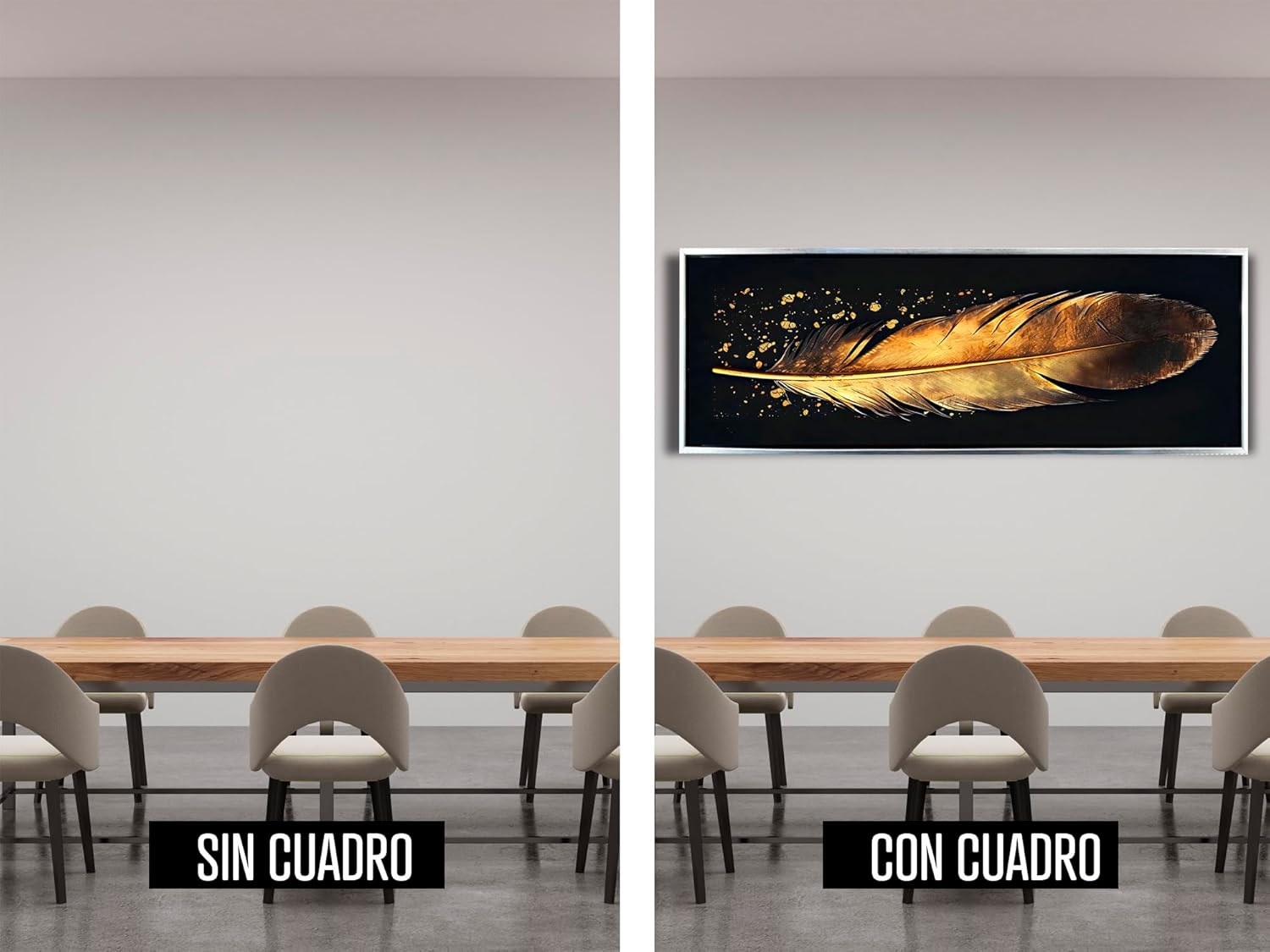 Ideas Creativas- Cuadros Decorativos Para Sala- Canvas Lienzo Sublimación-Marco- Panoramico Pluma de angel Tonos Oro -Textura Oleo- Detalles en Polvo de Oro-150 x 50 cm (PLATA) - Imagen 8