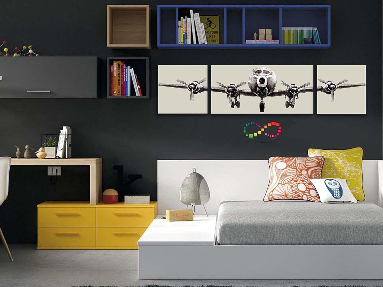 Ideas Creativas in- Set de 3 Cuadros Decorativos En Canvas Para Recamara Sala o Comedor Avion Antiguo-Estilo Pintura- 180 x 43 cm - Imagen 6