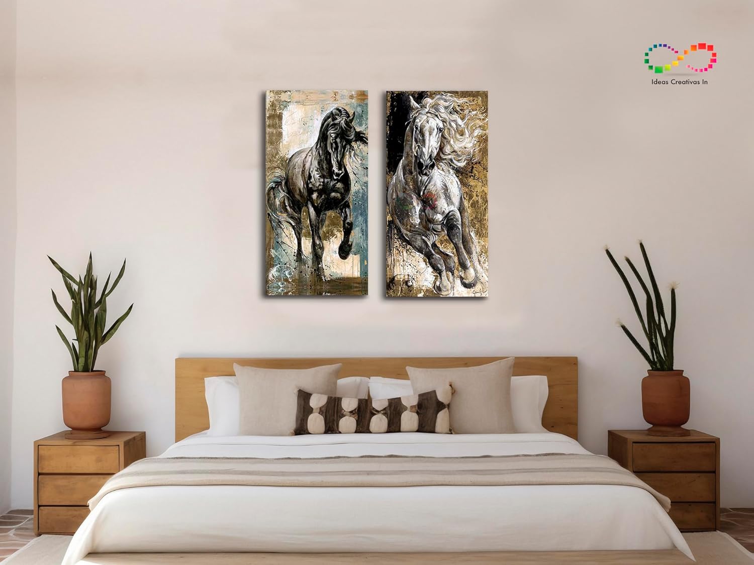 Ideas Creativas In- Set de 2 Cuadros Decorativos Para Sala Recamara Comedor oficina Caballos Galopando-Textura Oleo-Modernos-Canvas 2pz 40 x 100 cm - Imagen 4