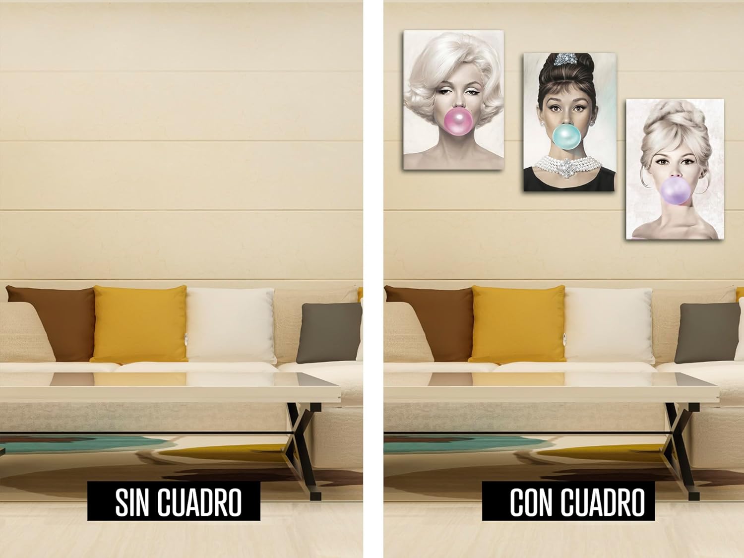 Set de 3 cuadros decorativos, Marilyn Monroe y Audrey Hepburn y brigitte bardot - Imagen 5