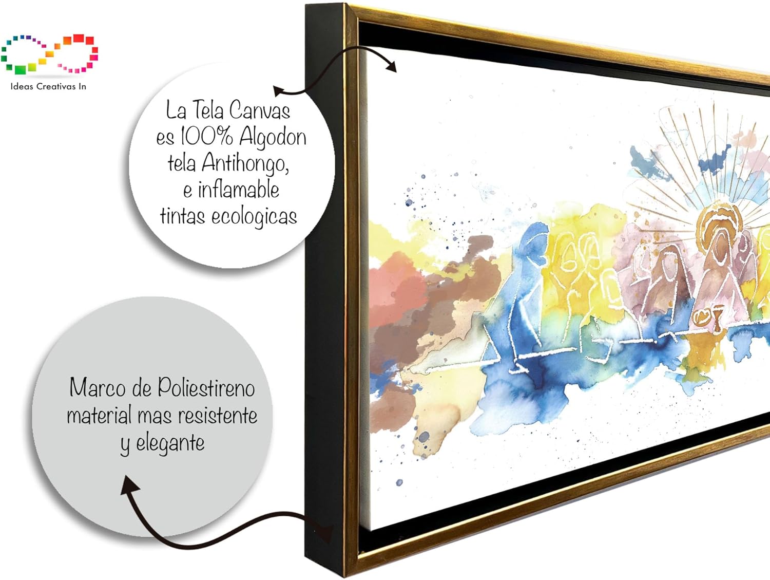 Ideas creativas in-Cuadro Decorativo Canvas Marco Flotante Para Comedor Cocina Ultima Cena Abstracta Acuarela Calidad Premium-Moderno-140 x 70 cm -Oro - Imagen 3