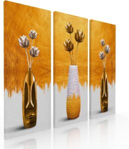 Ideas Creativas In-Set de 3 Cuadros Decorativos para Sala o Comedor Florero oro- Decoracion Para...