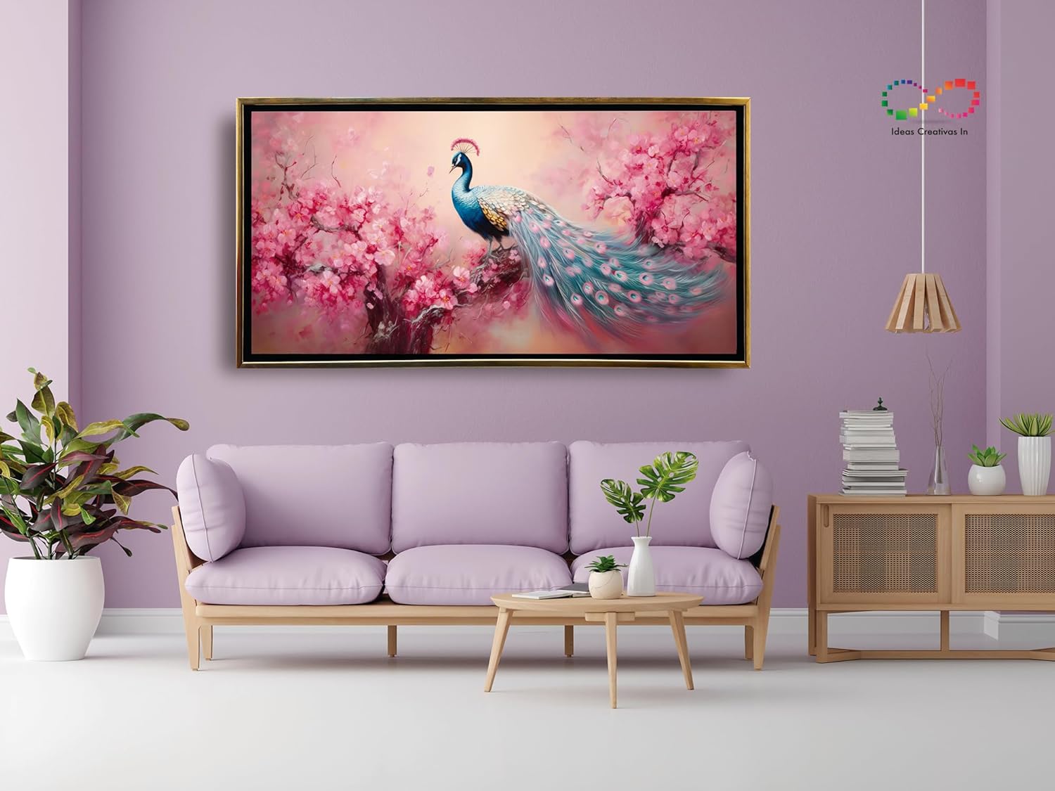 Ideas Creativas In-Cuadro Decorativo Moderno Con Marco Flotante Para Sala Recamara Oficina Pavo Real Flores Rosas (Oro) Sublimacion-140x70 - Imagen 4
