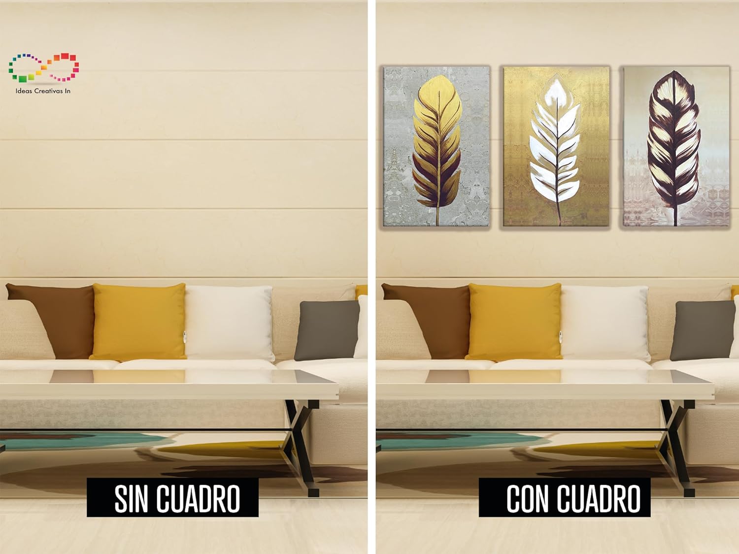 Ideas creativas In-Set de 3 Cuadros Decorativos Para Recamara Sala o Comedor Plumas Oro 40 x 60 cm - Imagen 7