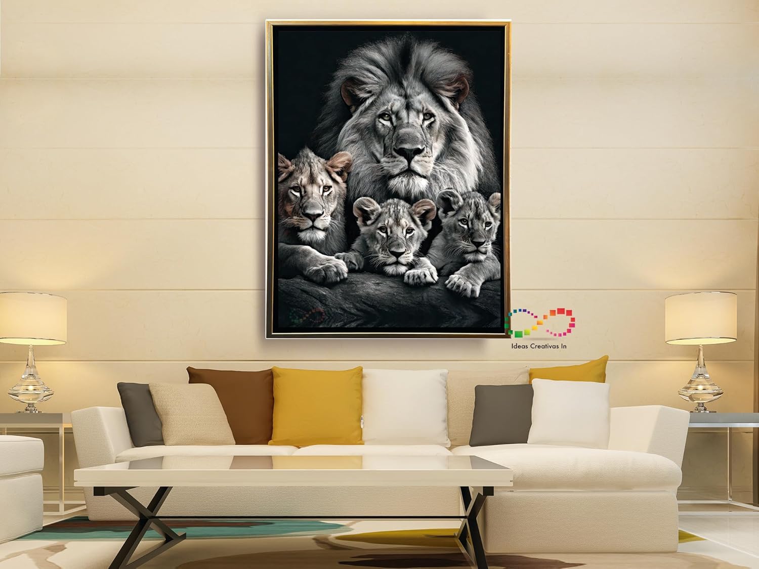Ideas Creativas In-Cuadro Decorativo Canvas Con Marco Flotante Para Sala Recamara Oficina Bar Familia De Leones Moderno-Blanco y Negro 80 cm x 120 cm (Oro) - Imagen 2