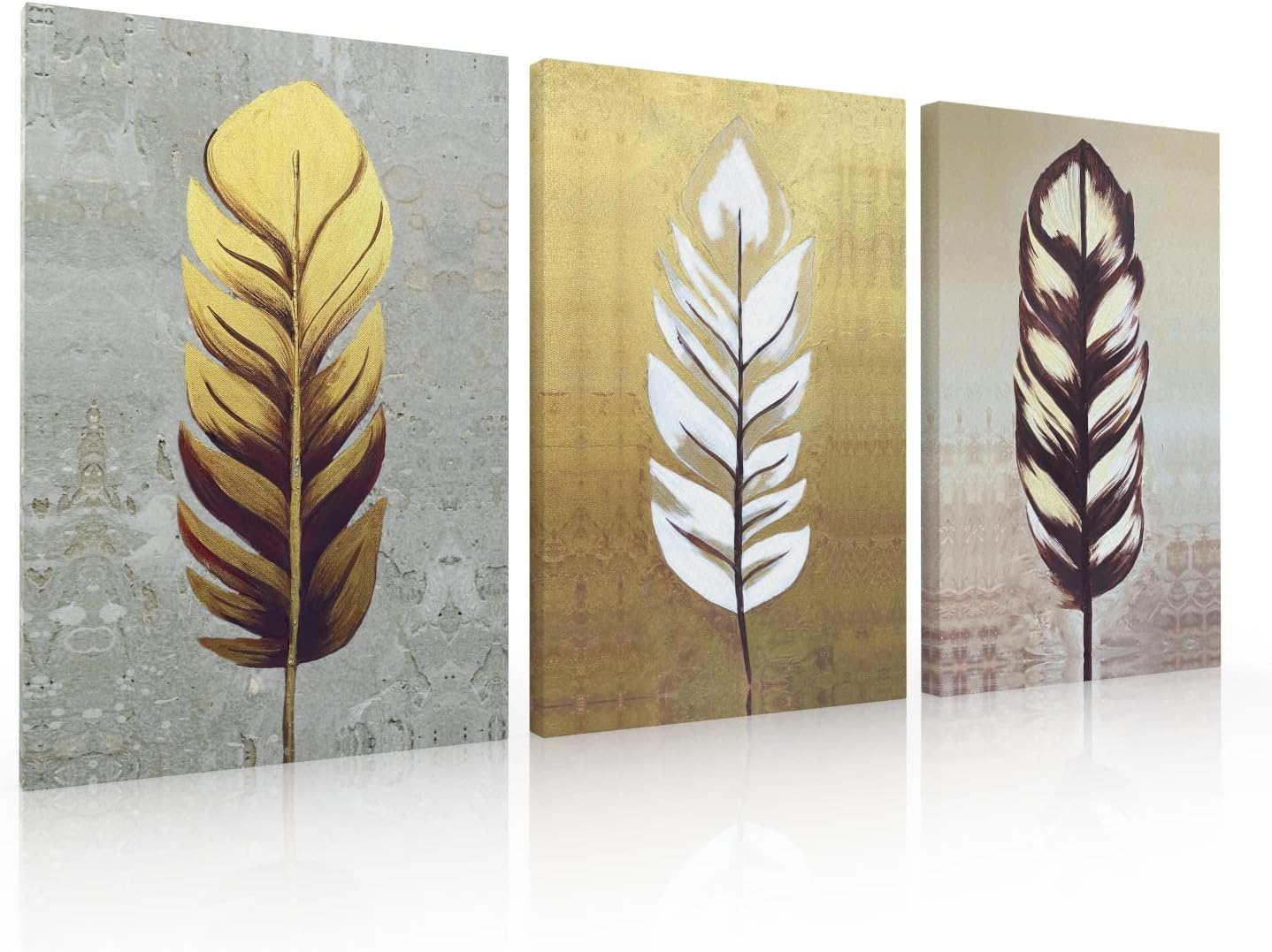 Ideas creativas In-Set de 3 Cuadros Decorativos Para Recamara Sala o Comedor Plumas Oro 40 x 60 cm
