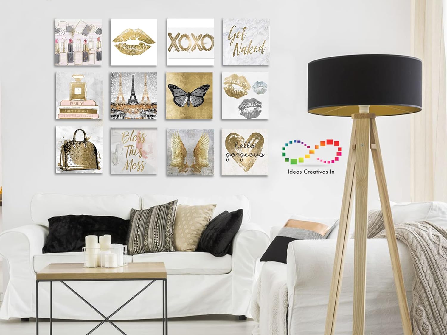 Ideas Creativas In-Set de 12 Cuadros Decorativos Para Recamaras- Love Fashion Tonos Dorados-Tela Canvas - Imagen 2