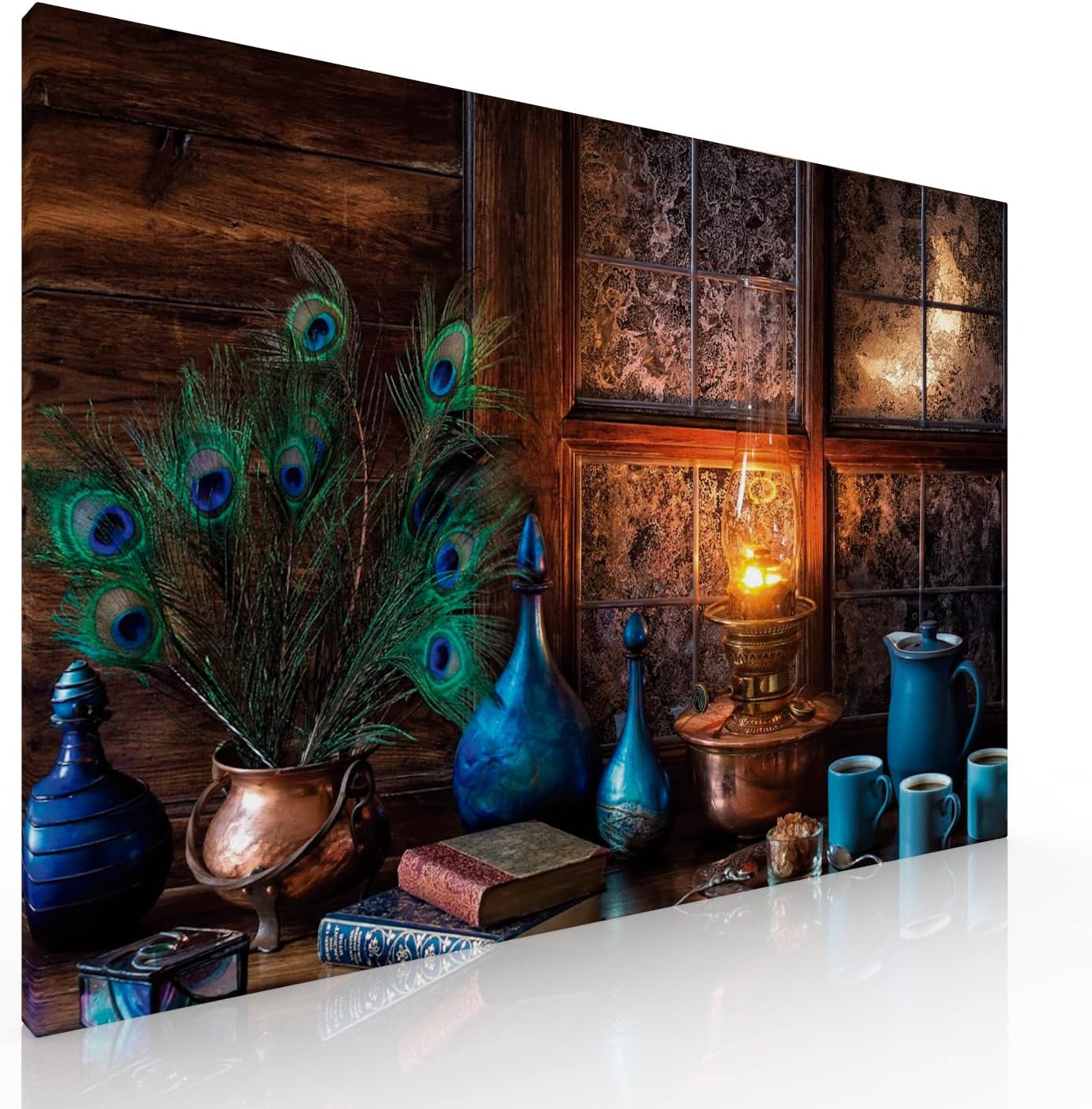 Ideas Creativas in-Cuadro Artístico sobre Lienzo HD - Bodegón Vintage con Plumas de Pavo Real - Tela Sublimada Bastidor de Madera - Decoración Premium 120 x 80 cm