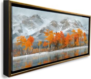 Cuadro Elegante Con Marco- Paisaje Montañas Nevadas Con Arboles Naranja Otoñales |Moderno |...