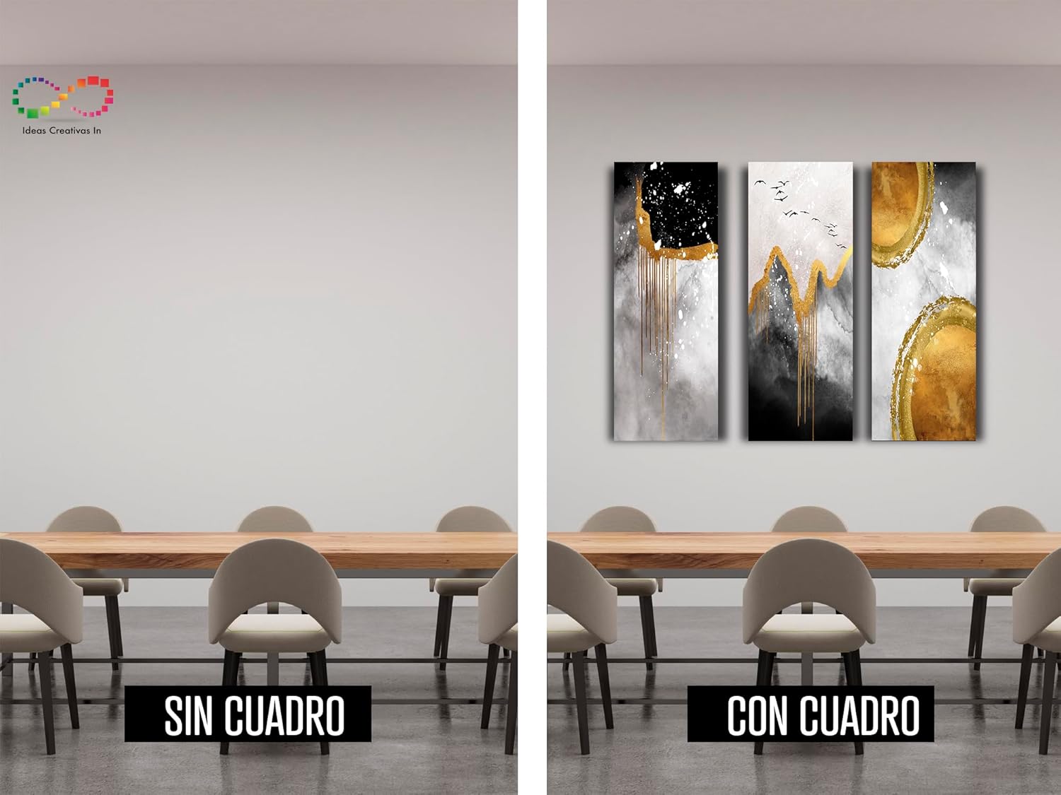 Ideas Creativas In Set de 3 Cuadros Decorativos Canvas Lienzo Impresión Arte Abstracto Negro Gris Con Textura Oro Polioleo Diferentes Tamaños Medidas Disponibles Decoración Para Interiores Cuadros Minimalistas Modernos Cuadro Para Sala Comedor Recámara Oficina Cocina Calidad Premium - Imagen 6