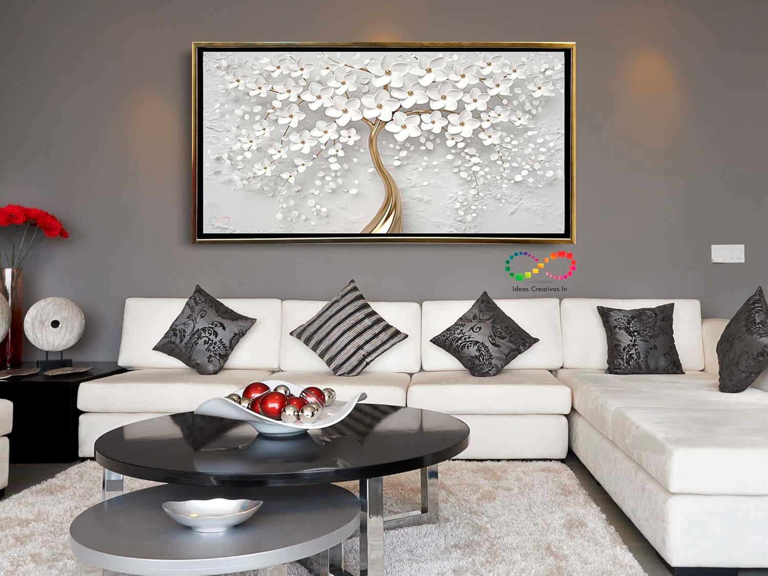 Cuadro Decorativo Moderno Con Marco Oro Para Sala Recamara Oficina o Comedor Flores Blancas - Imagen 5