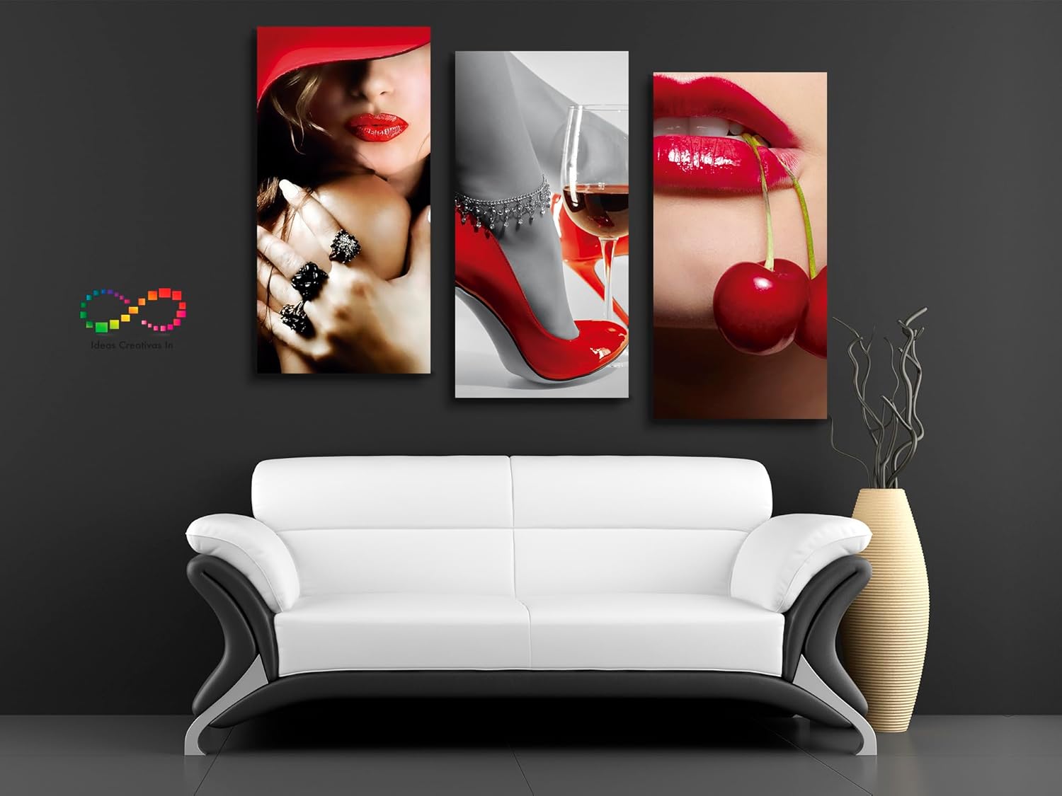 Ideas creativas In-Set de 3 Cuadros Decorativos Modernos en Tela Mujer Sexy Cerezas-Labios Rojos-Para Recamara Sala-120 cm x 80 cm - Imagen 4
