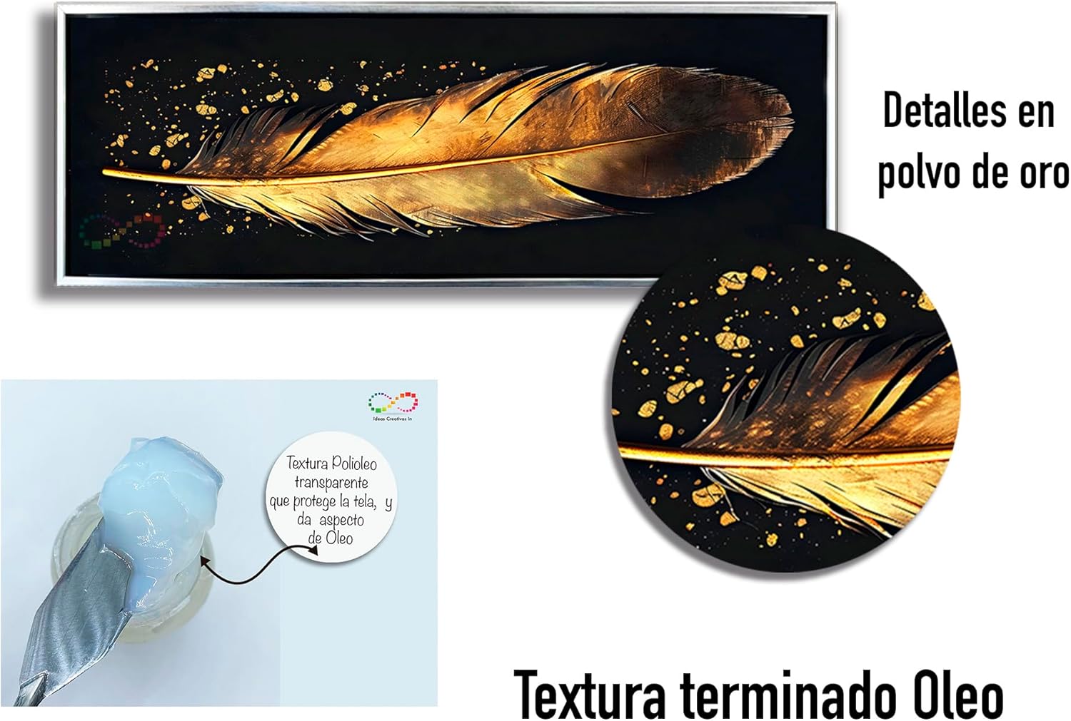 Ideas Creativas- Cuadros Decorativos Para Sala- Canvas Lienzo Sublimación-Marco- Panoramico Pluma de angel Tonos Oro -Textura Oleo- Detalles en Polvo de Oro-150 x 50 cm (PLATA) - Imagen 5