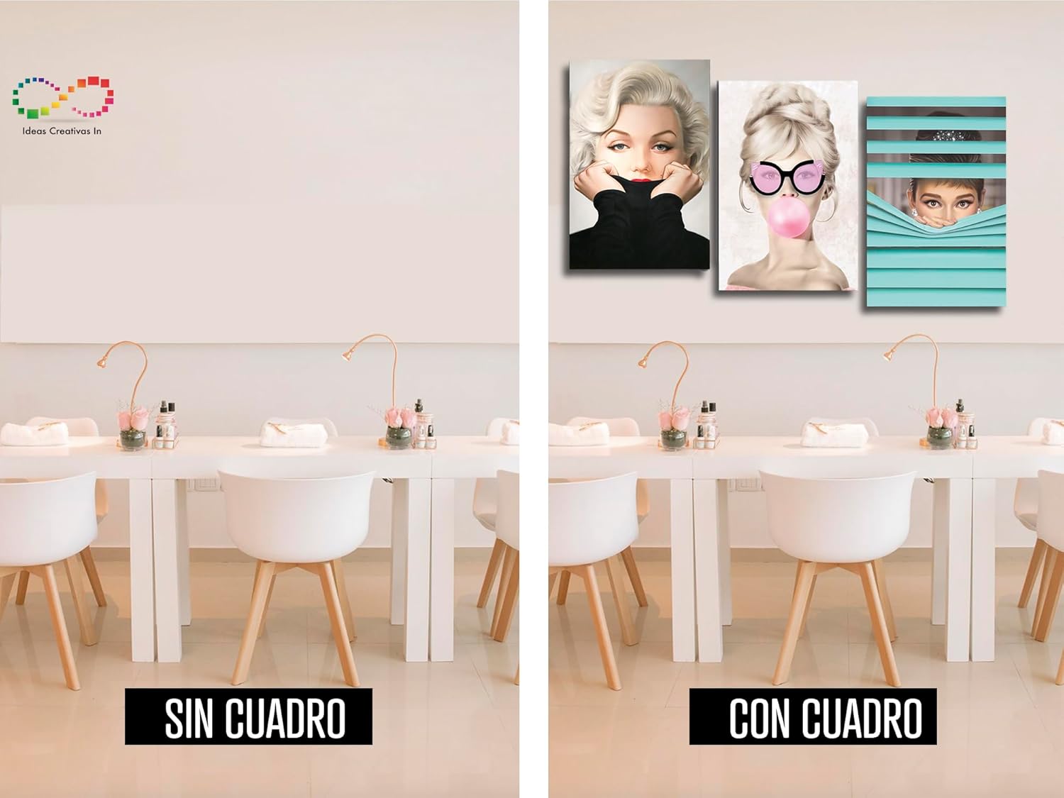 Ideas Creativas In | Set de 3 Cuadros sublimados en tela | Marilyn Monroe y Audrey Hepburn Brigitte Bardot| Estilo Moderno| Decoración en Tela Canvas| Cuadro para Sala Recamara Oficina Comedor | Listo para Colgar Tipo Galería - Imagen 5