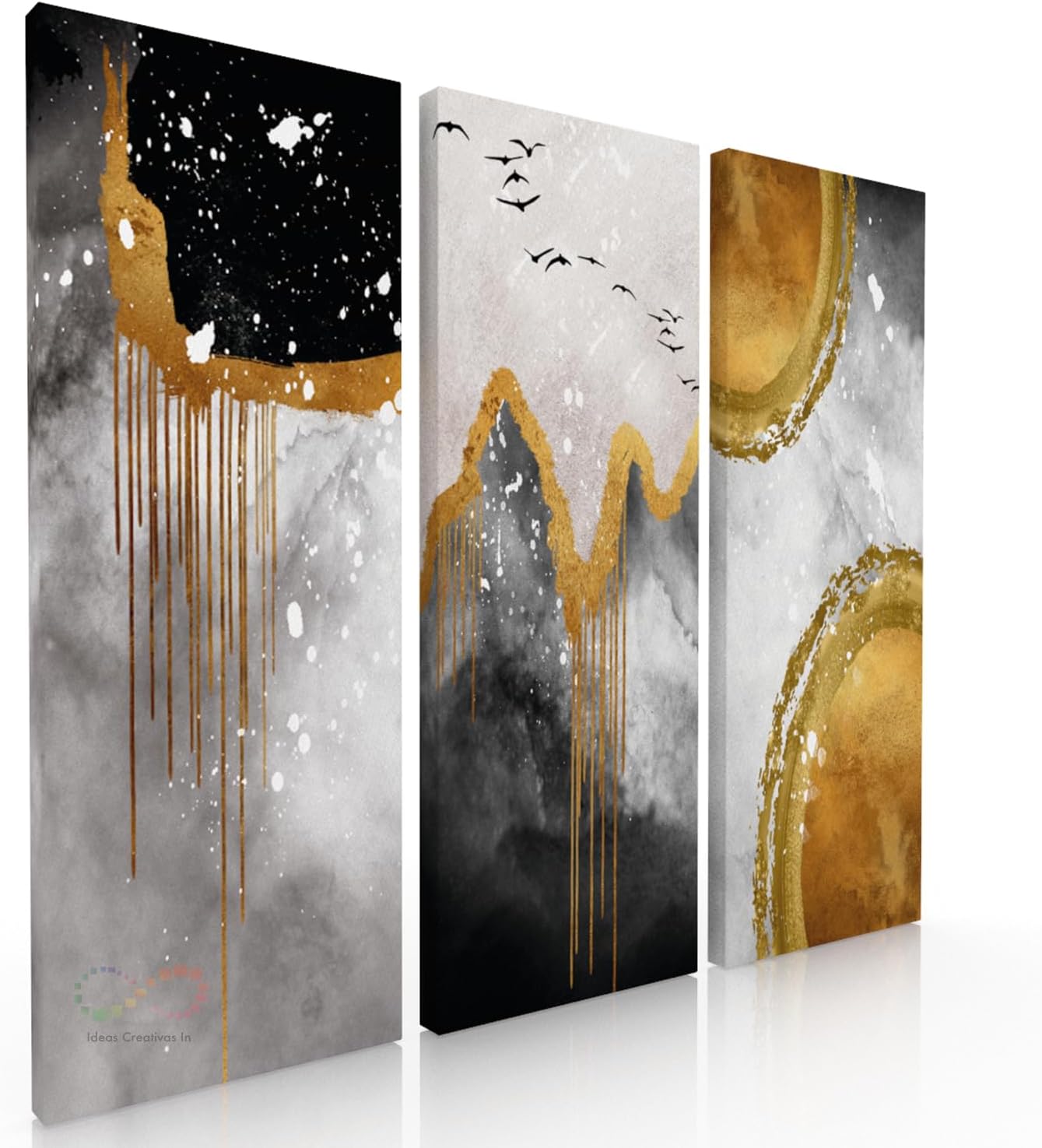 Ideas Creativas In Set de 3 Cuadros Decorativos Canvas Lienzo Impresión Arte Abstracto Negro Gris Con Textura Oro Polioleo Diferentes Tamaños Medidas Disponibles Decoración Para Interiores Cuadros Minimalistas Modernos Cuadro Para Sala Comedor Recámara Oficina Cocina Calidad Premium