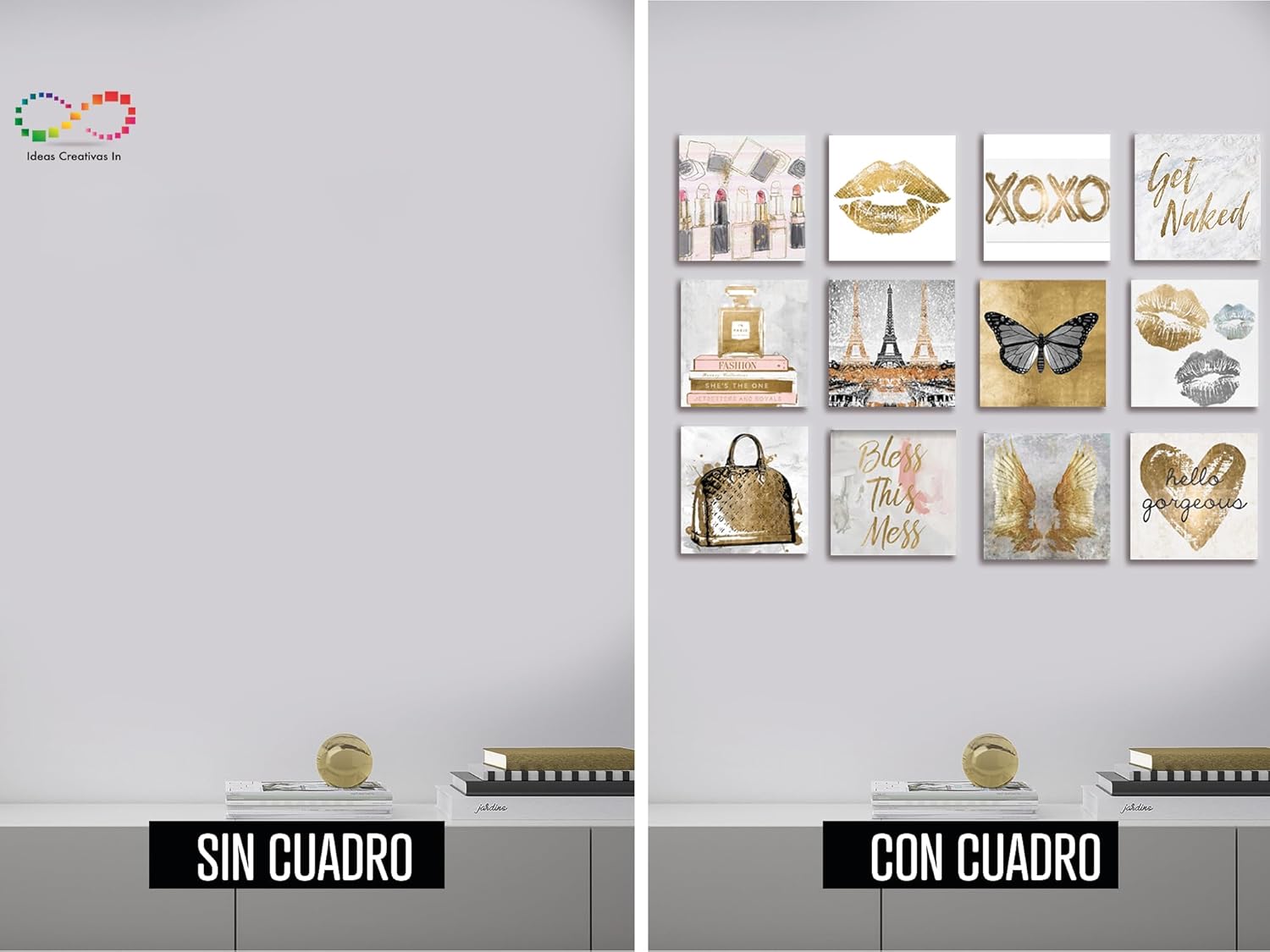 Ideas Creativas In-Set de 12 Cuadros Decorativos Para Recamaras- Love Fashion Tonos Dorados-Tela Canvas - Imagen 5