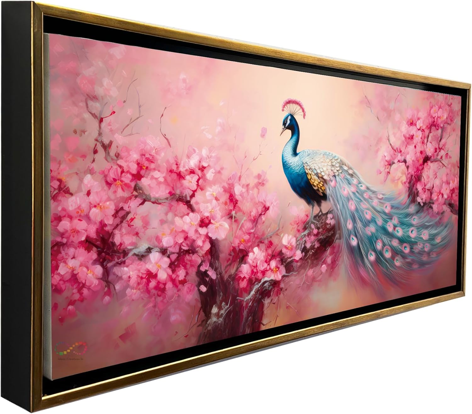Ideas Creativas In-Cuadro Decorativo Moderno Con Marco Flotante Para Sala Recamara Oficina Pavo Real Flores Rosas (Oro) Sublimacion-140x70