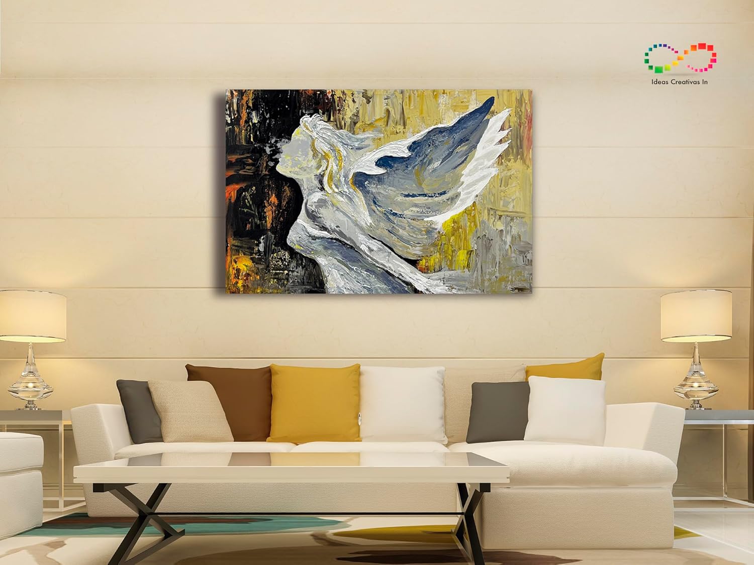 Ideas creativas In Cuadro Decorativo Canvas Para Recamara Sala o Comedor Angel Abstracto Ocre- Guardian Minimalista 120 x 80 cm - Imagen 2