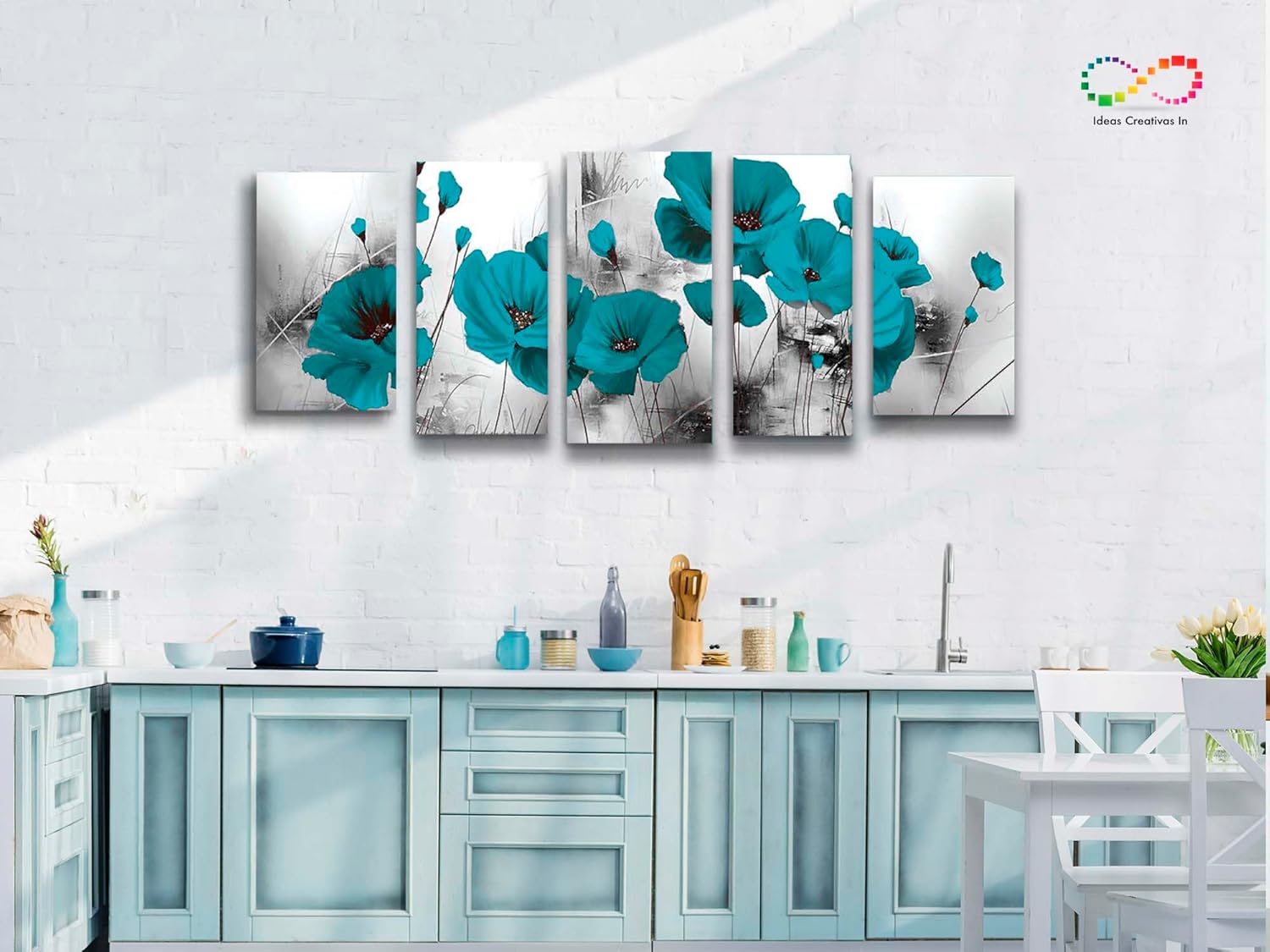 Set de 5 Cuadros Decorativos Modernos Para Sala Flor Turquesa - Imagen 2
