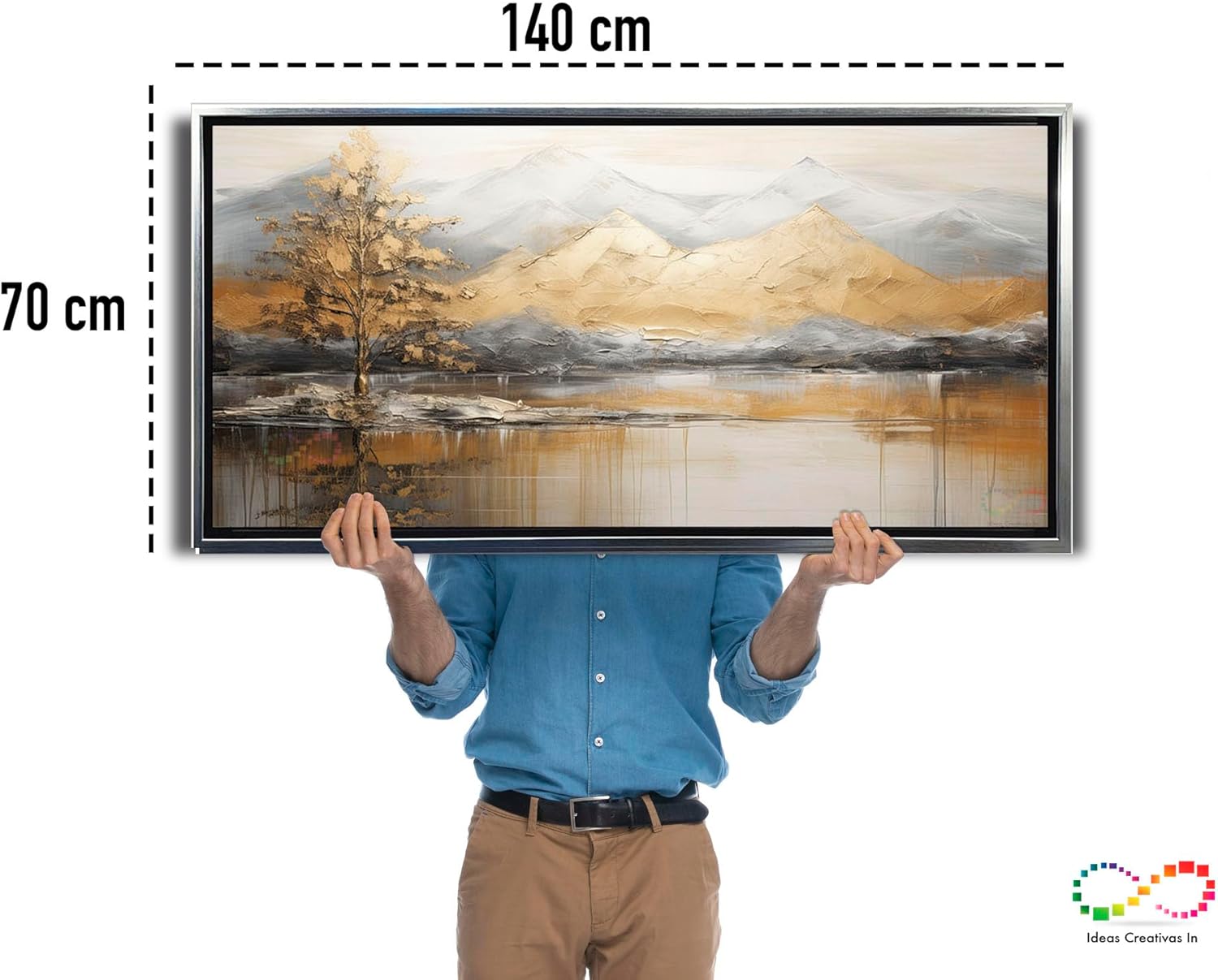 Ideas creativas in- Cuadro Decorativo Canvas Con Marco Flotante Para Sala Recamara Oficina Paisaje Bonito Con MontaƱas y Arboles en Tonos Dorados Ideas Creativas In 140 x 70 cm (Plata) - Imagen 8