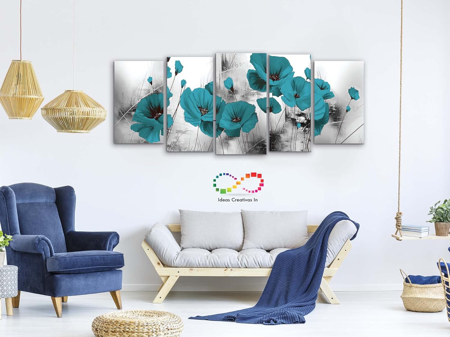 Set de 5 Cuadros Decorativos Modernos Para Sala Flor Turquesa - Imagen 5