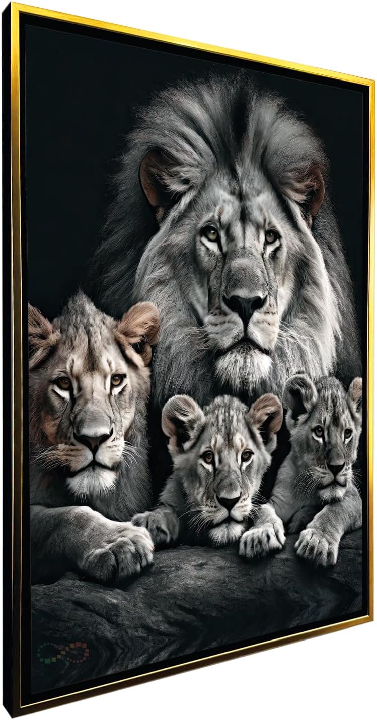 Ideas Creativas In-Cuadro Decorativo Canvas Con Marco Flotante Para Sala Recamara Oficina Bar Familia De Leones Moderno-Blanco y Negro 80 cm x 120 cm (Oro)