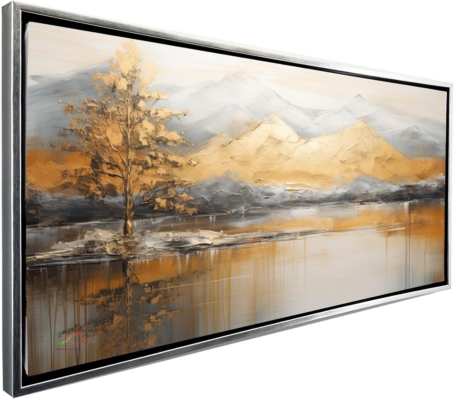 Ideas creativas in- Cuadro Decorativo Canvas Con Marco Flotante Para Sala Recamara Oficina Paisaje Bonito Con MontaƱas y Arboles en Tonos Dorados Ideas Creativas In 140 x 70 cm (Plata)