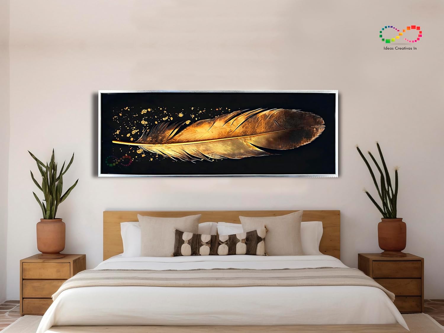 Ideas Creativas- Cuadros Decorativos Para Sala- Canvas Lienzo Sublimación-Marco- Panoramico Pluma de angel Tonos Oro -Textura Oleo- Detalles en Polvo de Oro-150 x 50 cm (PLATA) - Imagen 6