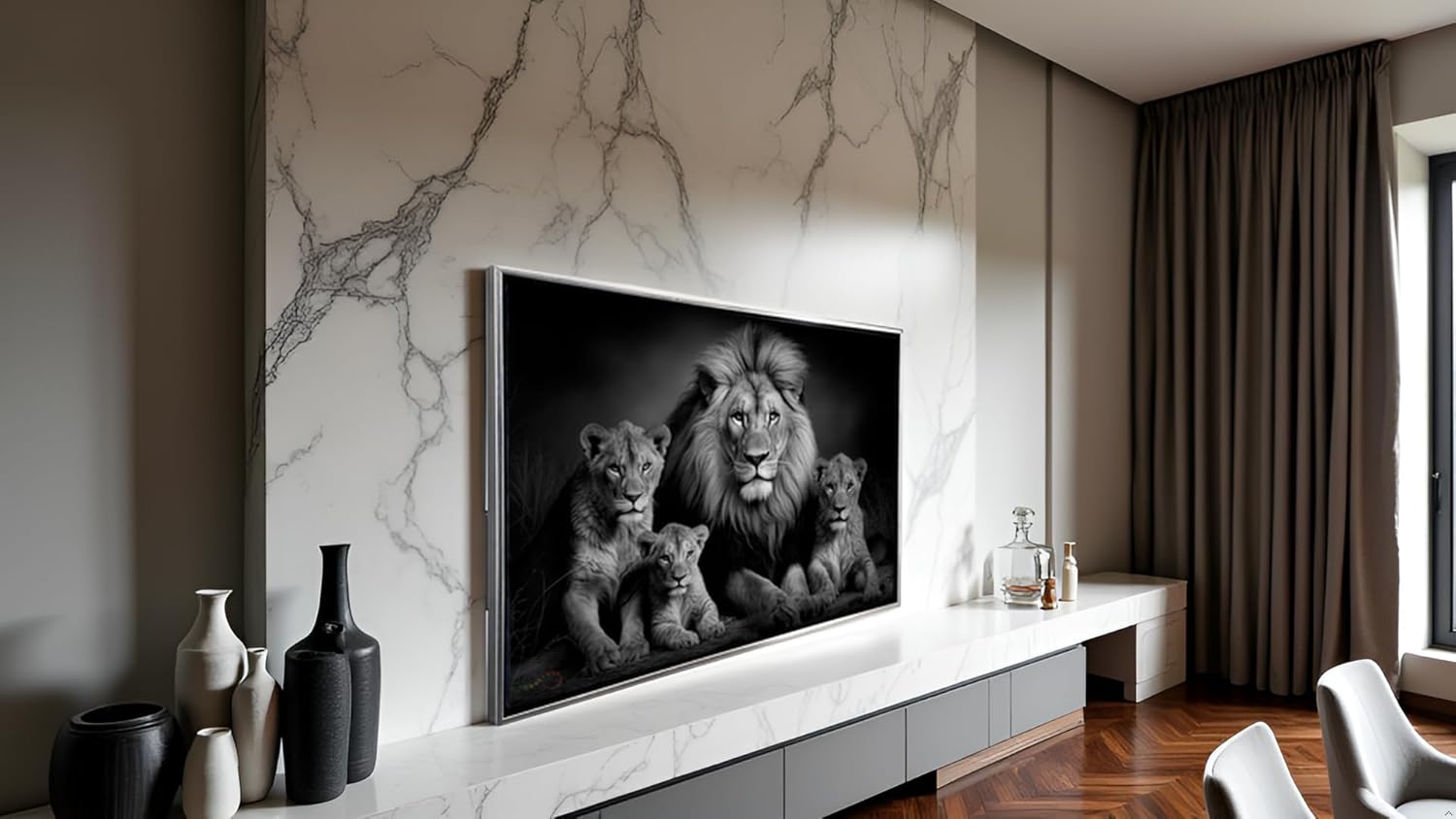 Ideas creativas In- Cuadro Decorativo Moderno Con Marco Flotante Para Sala Recamara Oficina Familia Rey Leon-Blanco y Negro 120 X 80 CM (Plata) - Imagen 2