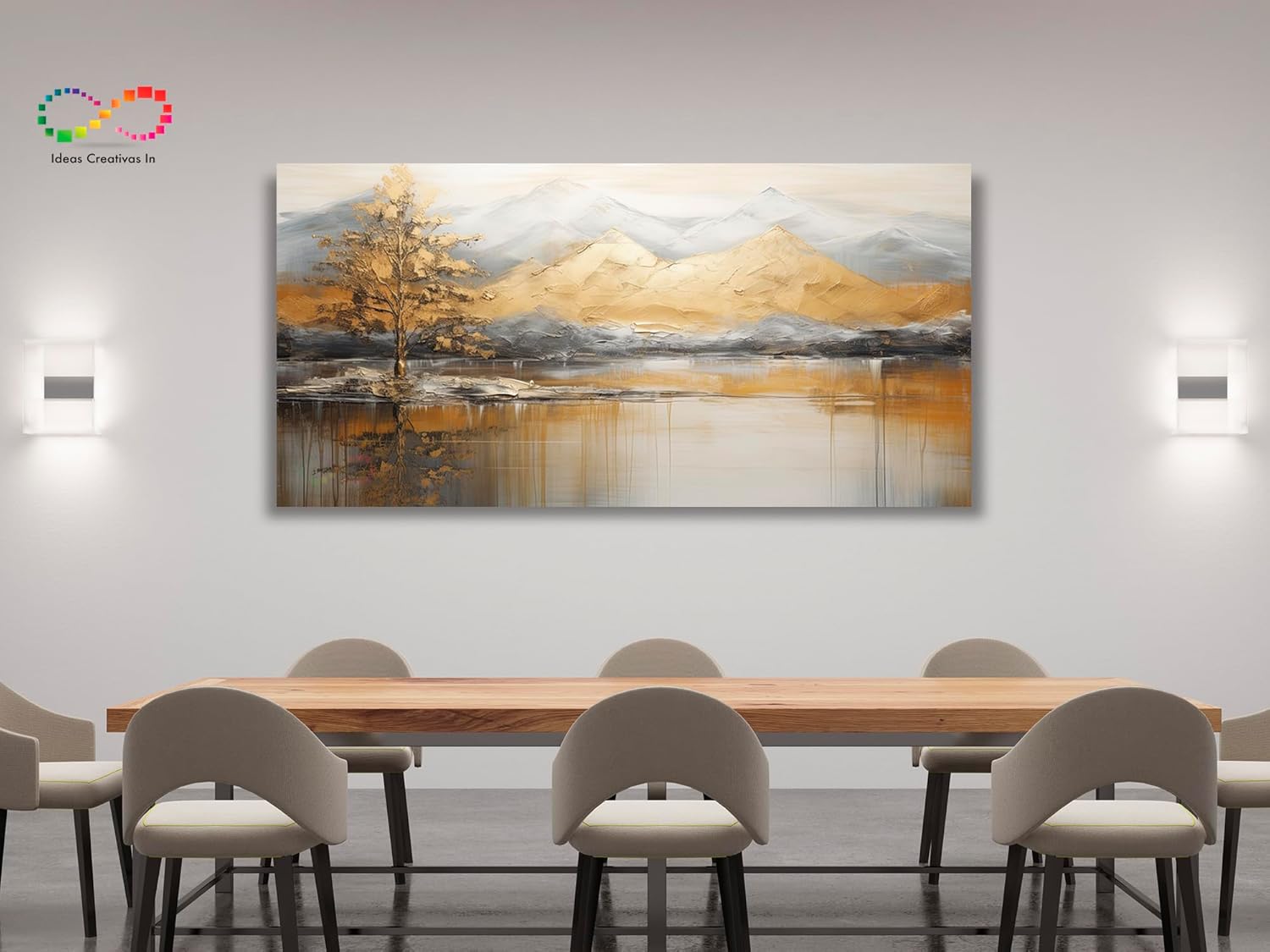Ideas creativas In-Cuadro Decorativo Moderno Para Sala Dormitorio Oficina- Paisaje MontaƱas Doradas Y Gran Lago-Calidad Premium-Terminados En Polvo de Oro- Pintura - Imagen 4