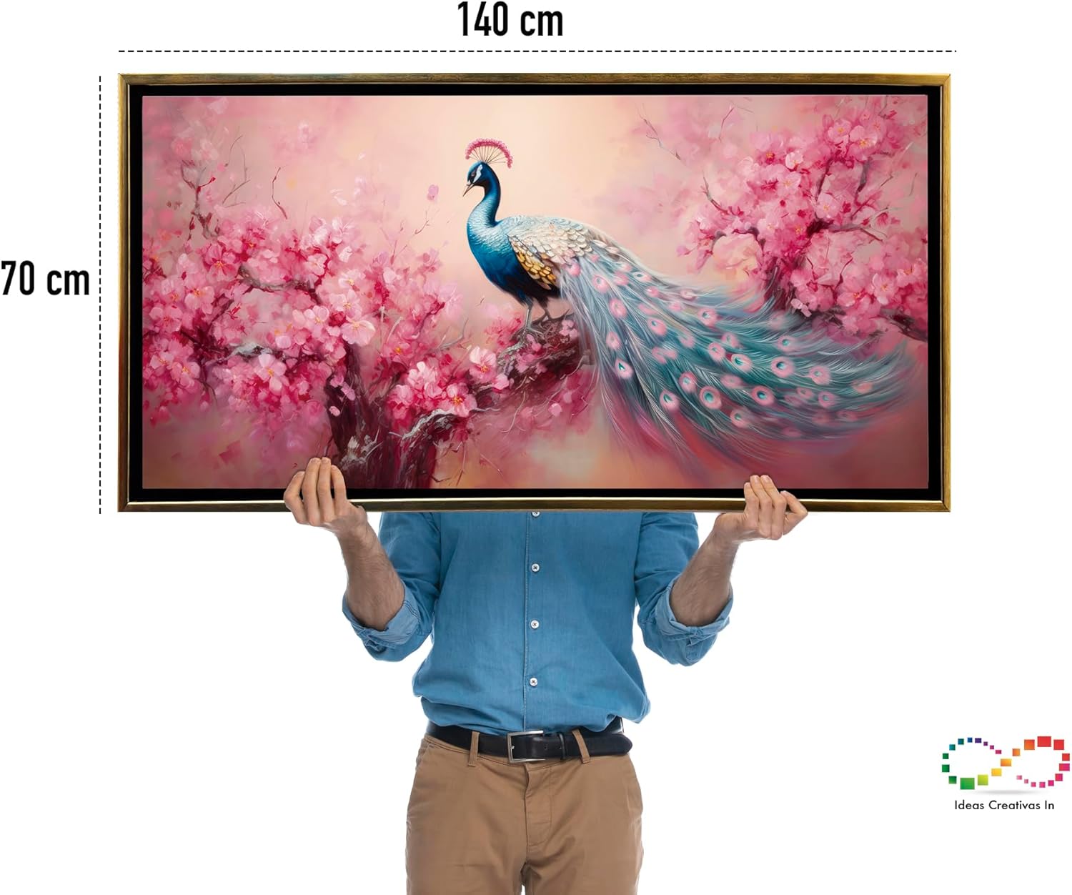 Ideas Creativas In-Cuadro Decorativo Moderno Con Marco Flotante Para Sala Recamara Oficina Pavo Real Flores Rosas (Oro) Sublimacion-140x70 - Imagen 5