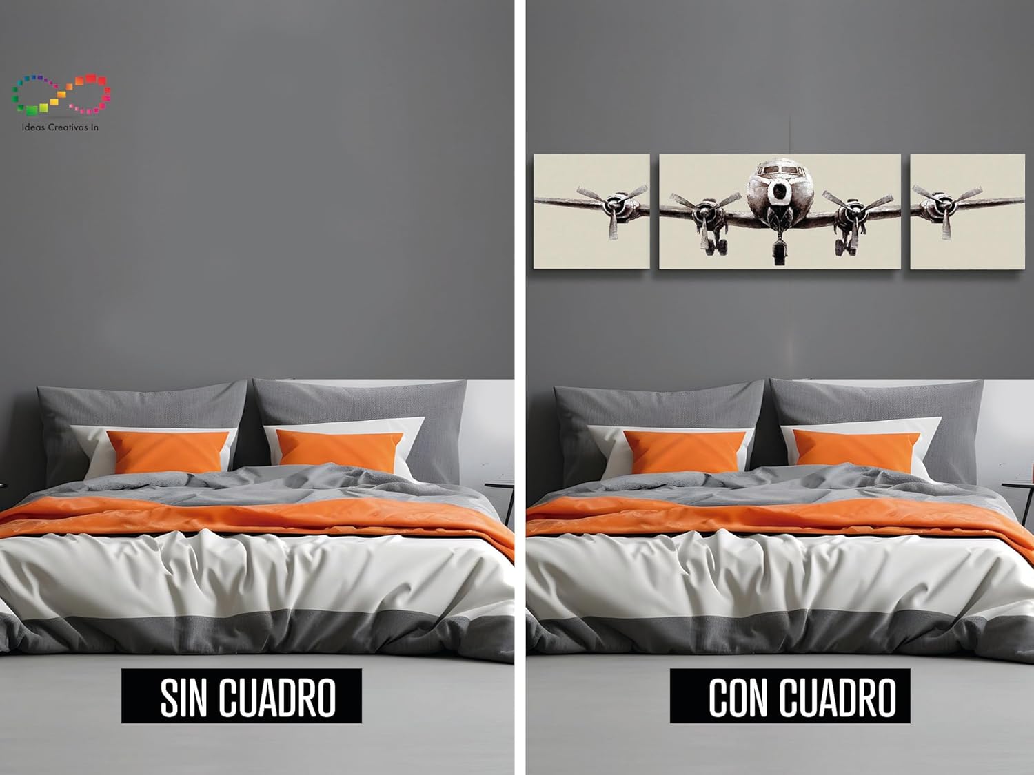 Ideas Creativas in- Set de 3 Cuadros Decorativos En Canvas Para Recamara Sala o Comedor Avion Antiguo-Estilo Pintura- 180 x 43 cm - Imagen 4