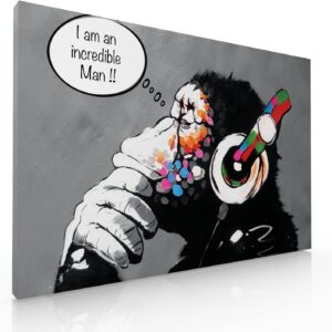 Cuadro Decorativo Moderno Para Recámara Simio Con Audifonos Pensando y Frase Personalizable