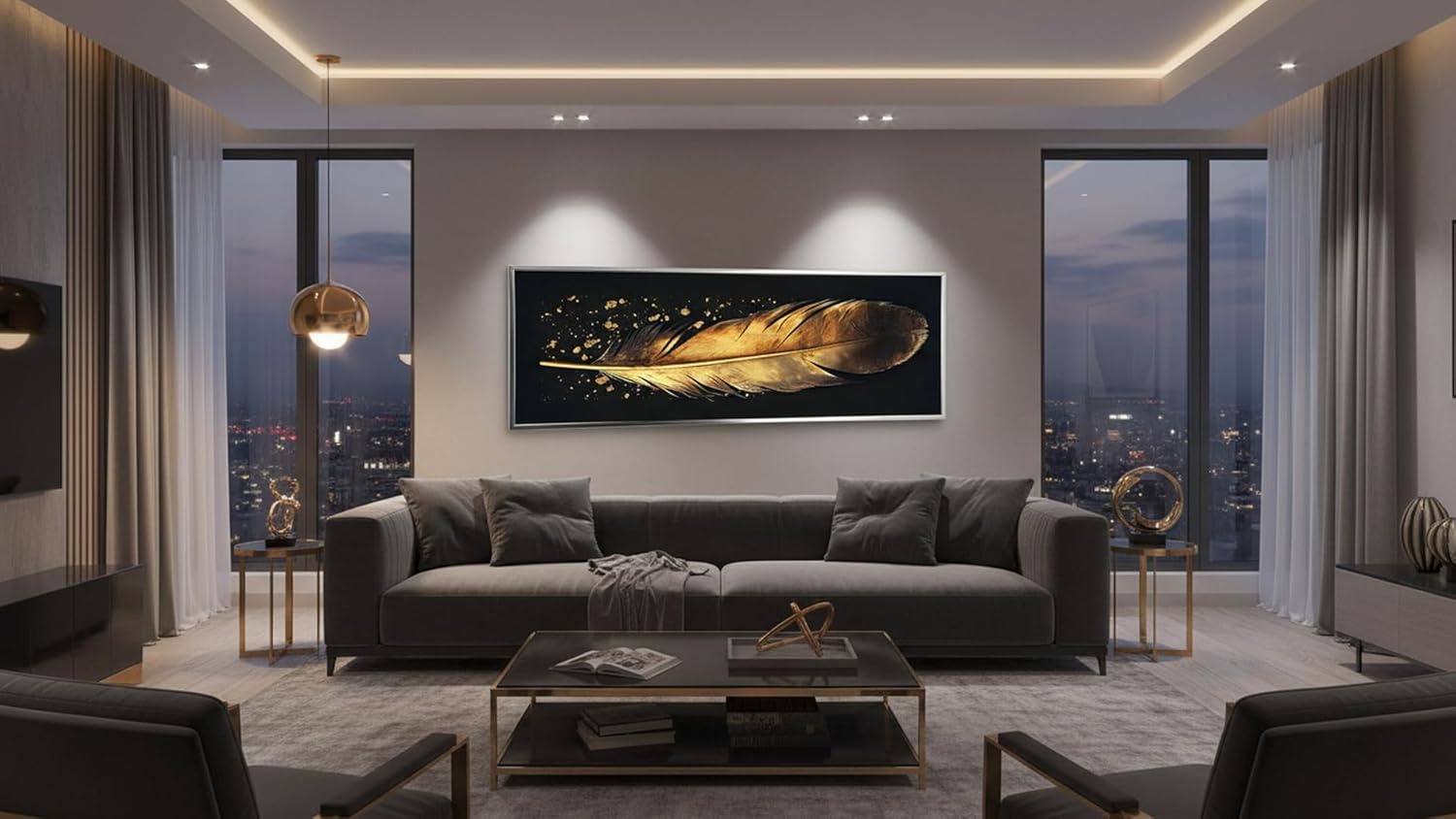 Ideas Creativas- Cuadros Decorativos Para Sala- Canvas Lienzo Sublimación-Marco- Panoramico Pluma de angel Tonos Oro -Textura Oleo- Detalles en Polvo de Oro-150 x 50 cm (PLATA) - Imagen 2